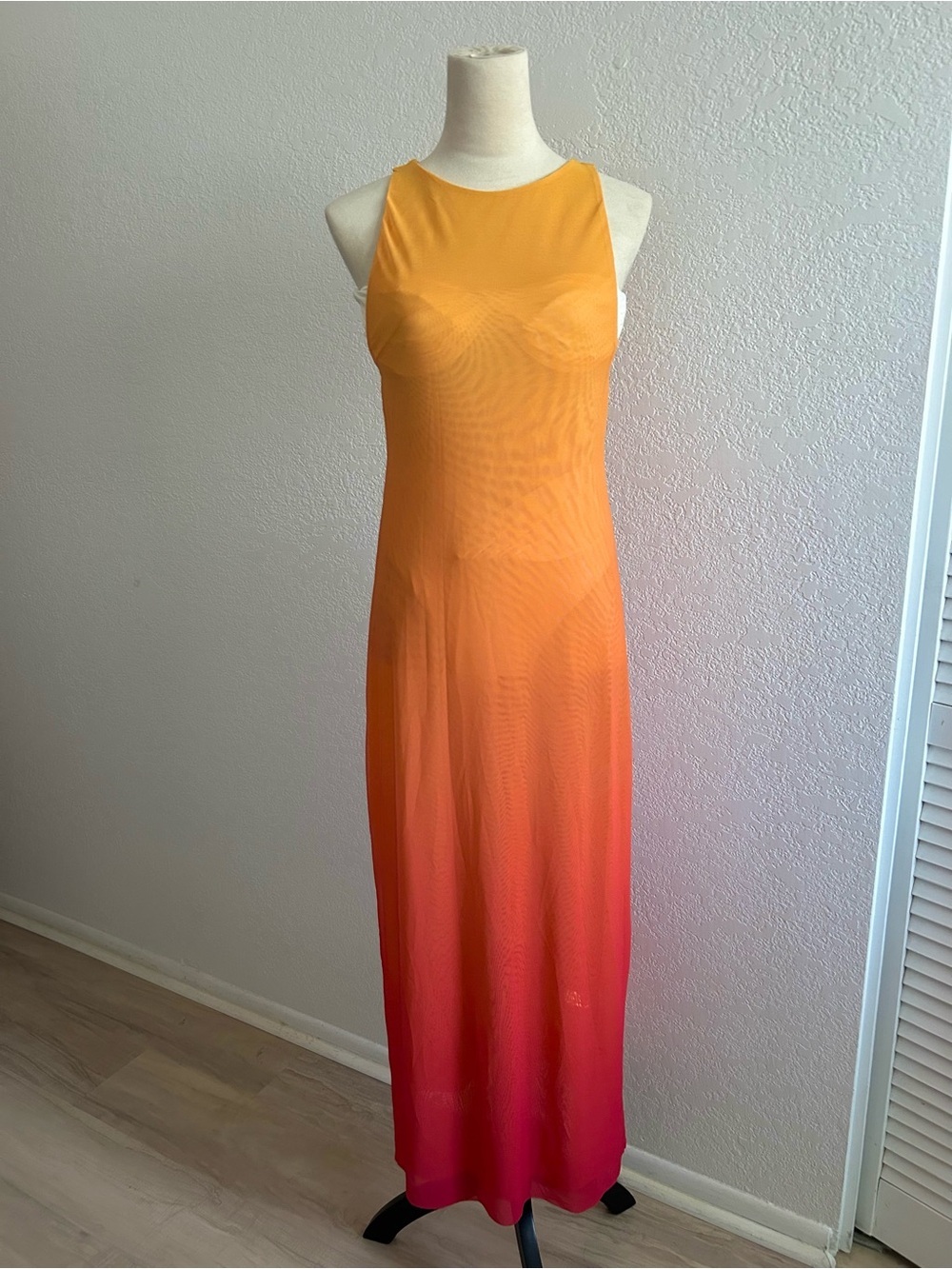 Caroline Constas Sunset Ombre Orange Gradient Mesh Sleeveless Coverup Maxi Dress